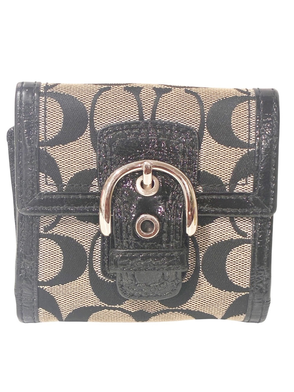 Vintage Coach Black Patent Fabric Signature Buckle Wallet Multi Card Pocket